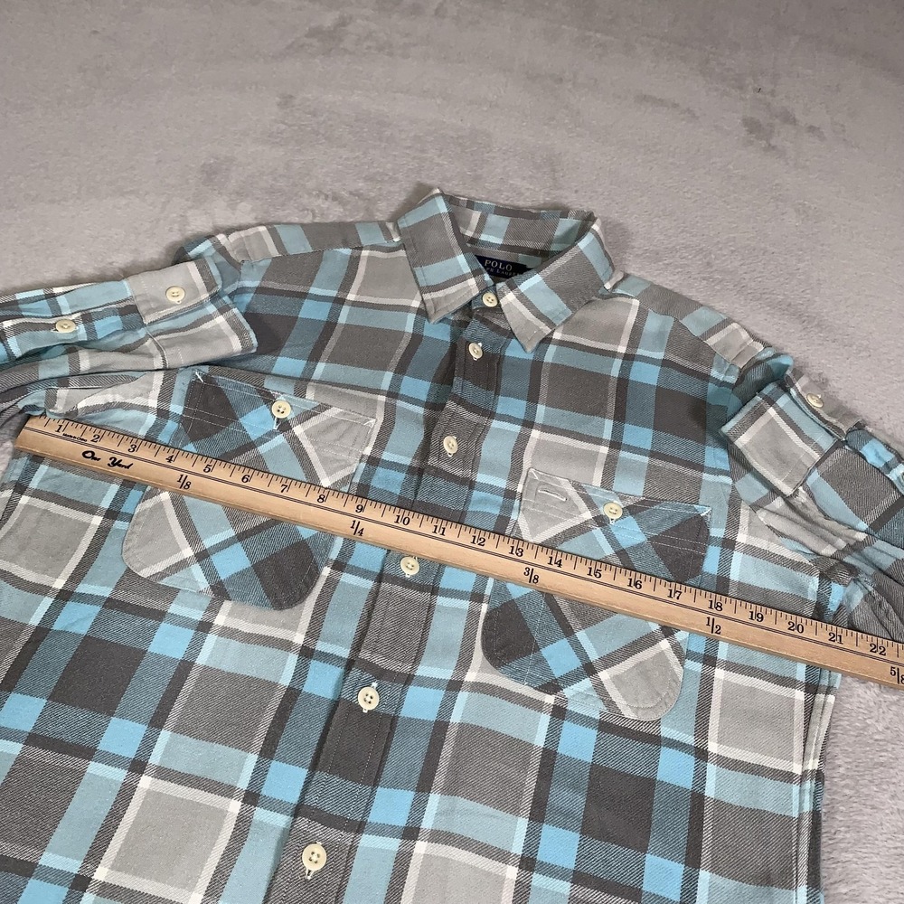 Polo Ralph Lauren Shirt Womens L Gray Blue Plaid Flannel Long Sleeve 2 Pockets - Picture 4 of 12